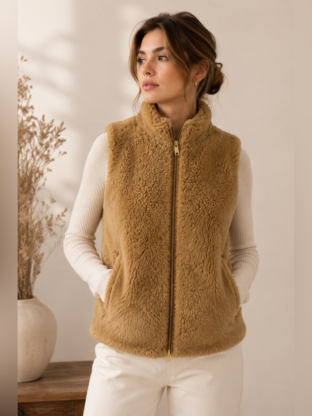 J.Crew Women’s Tan Faux Fur Sherpa Fleece Zip Front Vest High Collar US XS